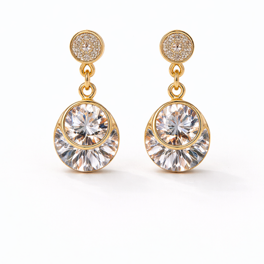 Crystal Double Disc Drop Earrings in Gold Tone