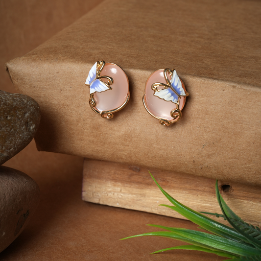 Yellow Gold-Tone Pink Cat’s Eye & Butterfly Stud Earrings