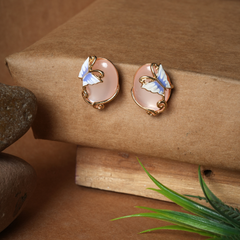 Yellow Gold-Tone Pink Cat’s Eye & Butterfly Stud Earrings
