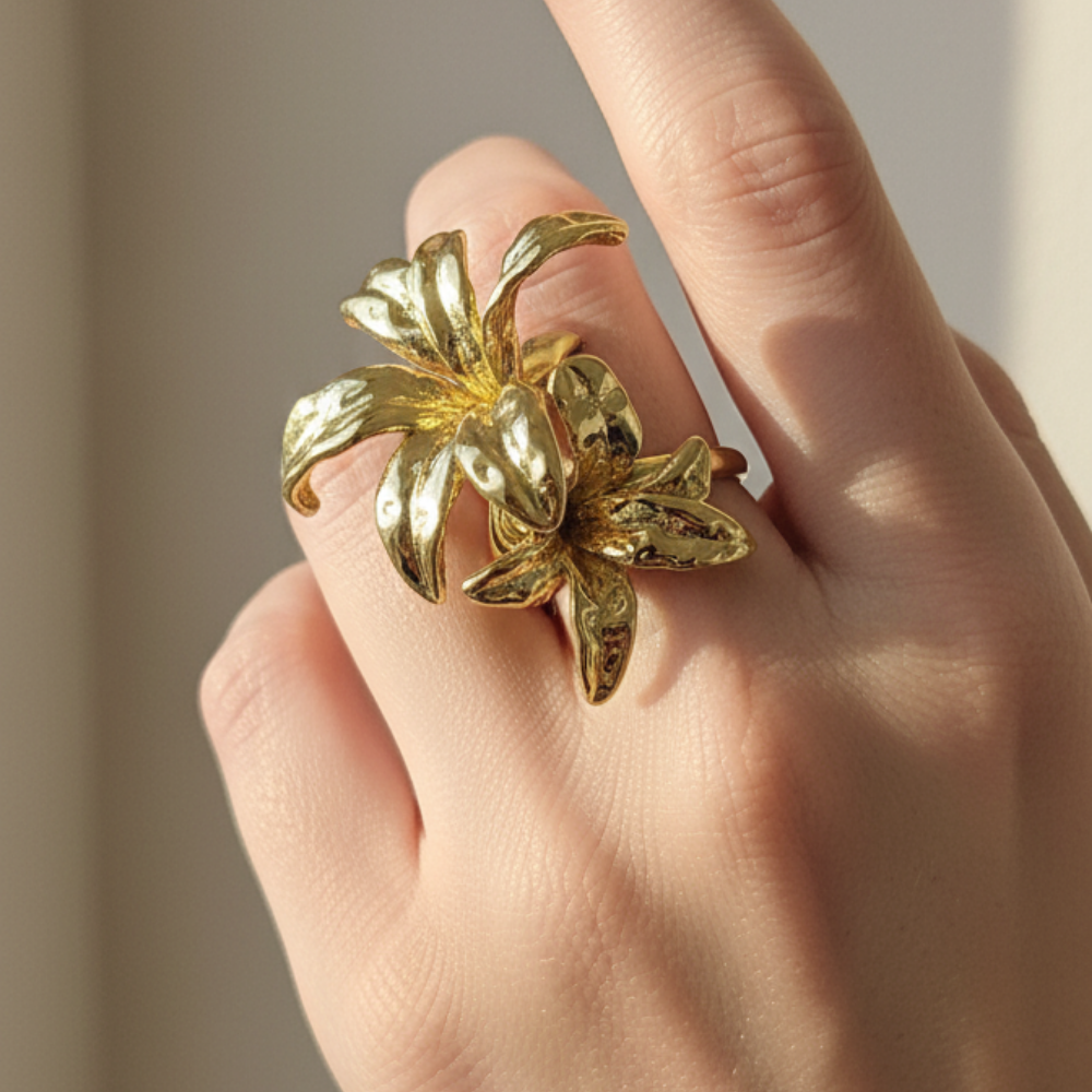 Gold-Tone Dual Lily Bloom Statement Ring