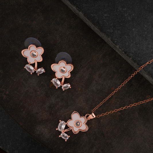 Rose Gold-Tone Floral Necklace and Earring Set