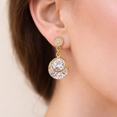 Crystal Double Disc Drop Earrings in Gold Tone