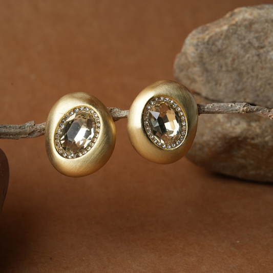 Bold Gold-Tone Stud Earrings with Smoky Quartz Crystal