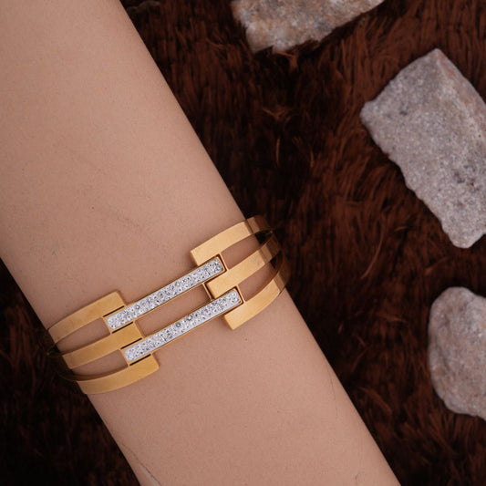Golden Triple Band Bracelet with Crystal Detailing