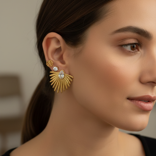 Gold-Tone Statement Earrings – Pair of 3 Combo Pack | Sunburst, Crystal Stud & Floral Design
