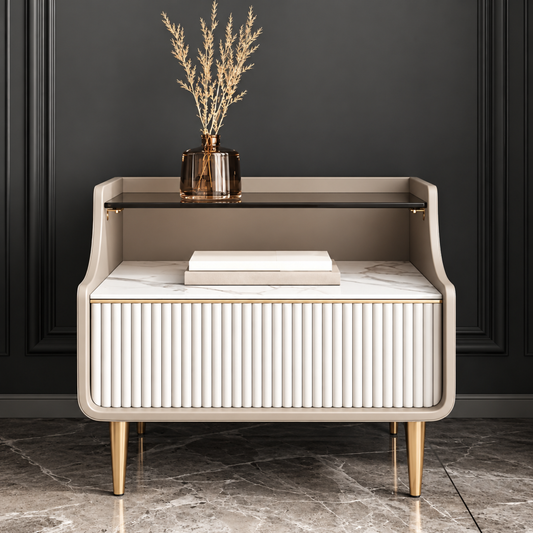 Modern Fluted Bedside Cabinet with Marble Top & Premium PU Paint Finish