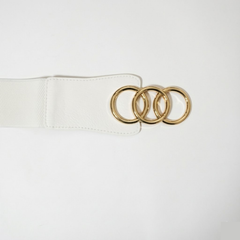 White Elastic Waist Belt with Gold Triple-Ring Interlocking Buckle