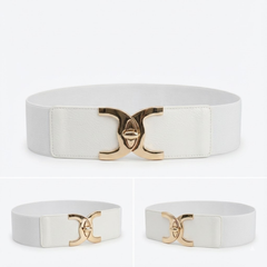 Women's Wide White Elastic Cinch Belt with Gold Interlocking Clasp