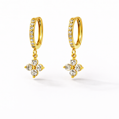 Crystal Clover Hoop Drop Earrings in Gold Tone