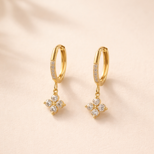 Crystal Clover Hoop Drop Earrings in Gold Tone