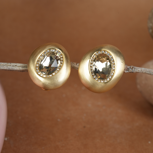 Bold Gold-Tone Stud Earrings with Smoky Quartz Crystal
