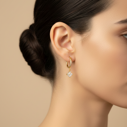 Crystal Clover Hoop Drop Earrings in Gold Tone