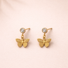 Butterfly Charm Stud Drop Earrings in Gold Tone