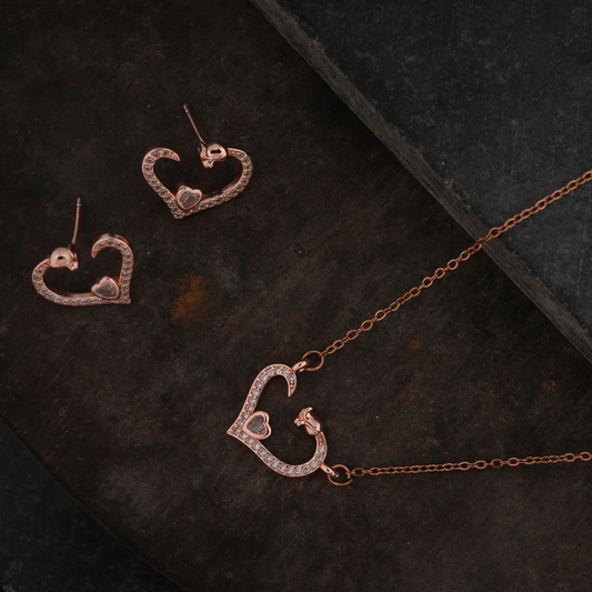 Rose Gold-Tone Sparkling Heart Necklace and Earring Set