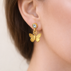 Butterfly Charm Stud Drop Earrings in Gold Tone