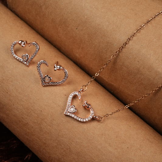 Rose Gold-Tone Sparkling Heart Necklace and Earring Set