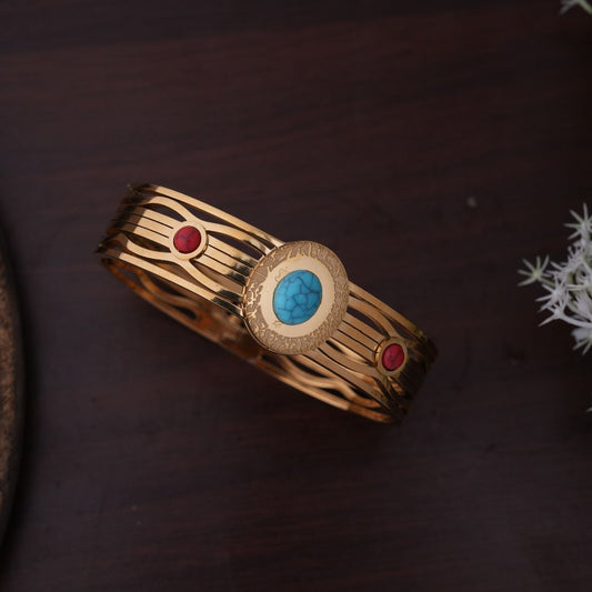 Bohemian Style Gold-Tone Bangle with Turquoise and Coral Stone Accents