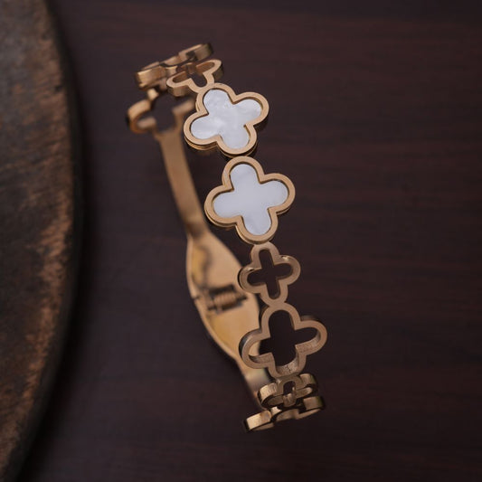 Elegant Gold-Toned Clover Design Bracelet with White Inlay