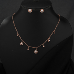 Rose Gold-Tone Pearl & Sparkling Halo Dangle Necklace and Earring Set