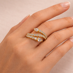 Gold-Tone Spiral Crystal Ring – Pavé Wrap Statement Design