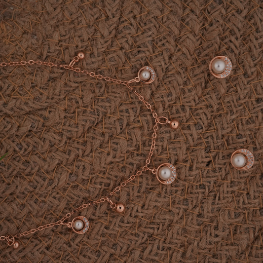 Rose Gold-Tone Pearl & Sparkling Halo Dangle Necklace and Earring Set