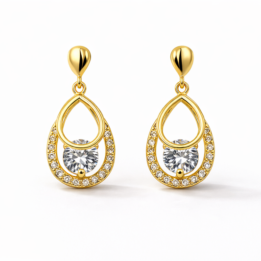 Crystal Teardrop Halo Drop Earrings in Gold Tone