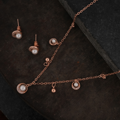 Rose Gold-Tone Pearl & Sparkling Halo Dangle Necklace and Earring Set