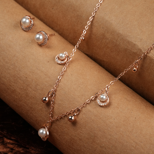 Rose Gold-Tone Pearl & Sparkling Halo Dangle Necklace and Earring Set