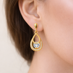 Crystal Teardrop Halo Drop Earrings in Gold Tone