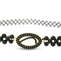 Black Beaded Stretch Belt with Gold-Tone Oval Buckle