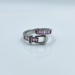Silver-Tone Pink Gem Buckle Design Ring