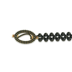 Black Beaded Stretch Belt with Gold-Tone Oval Buckle