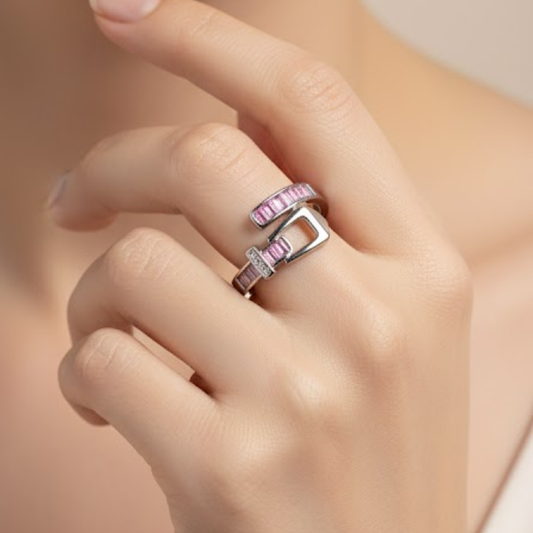 Silver-Tone Pink Gem Buckle Design Ring