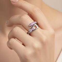 Silver-Tone Pink Gem Buckle Design Ring