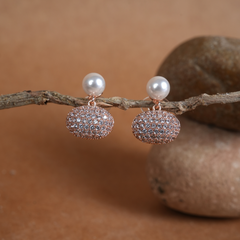 Elegant Rose Gold Pave & Pearl Drop Earrings