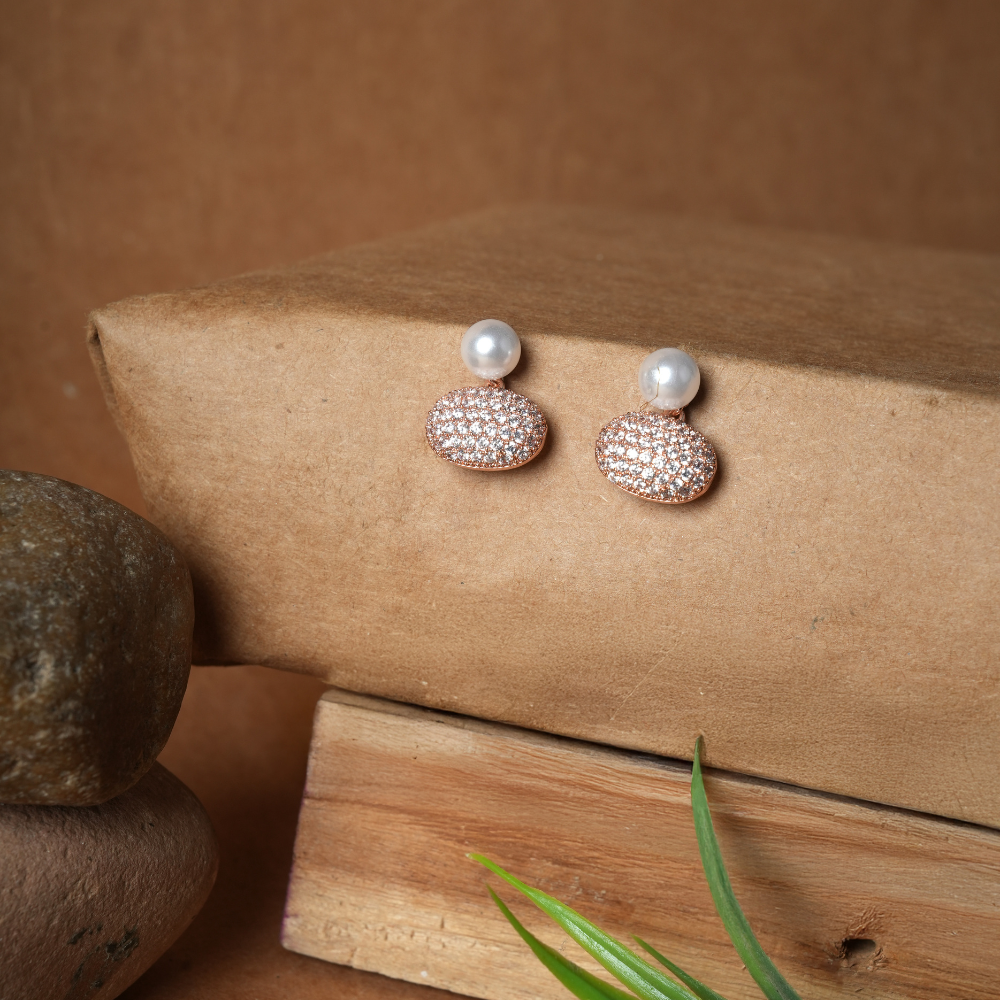 Elegant Rose Gold Pave & Pearl Drop Earrings