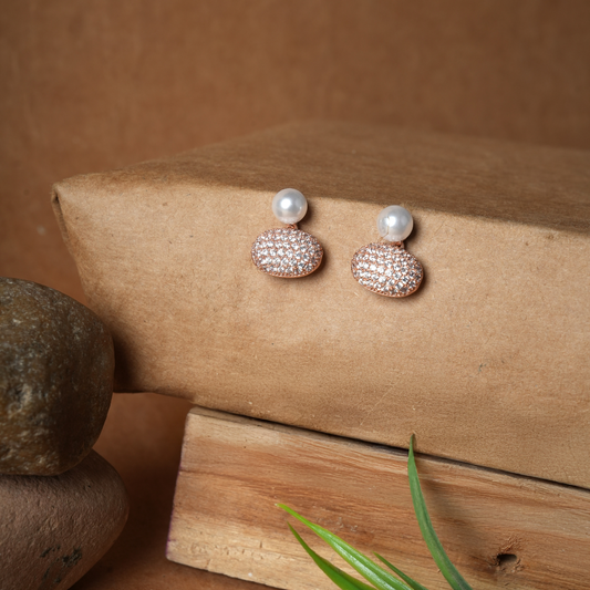 Elegant Rose Gold Pave & Pearl Drop Earrings