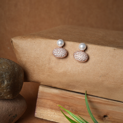 Elegant Rose Gold Pave & Pearl Drop Earrings