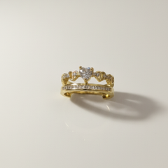 Gold-Tone Heart Crown Diamond Ring Set