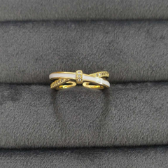Gold-Tone Bow Ring – White Enamel & Crystal