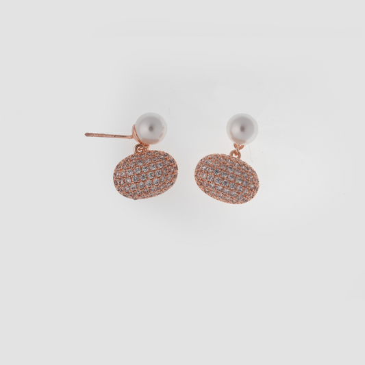 Elegant Rose Gold Pave & Pearl Drop Earrings