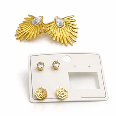 Gold-Tone Statement Earrings – Pair of 3 Combo Pack | Sunburst, Crystal Stud & Floral Design