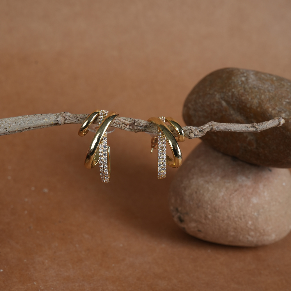 Modern Crossover Triple-Band Hoop Earrings (Gold Tone)