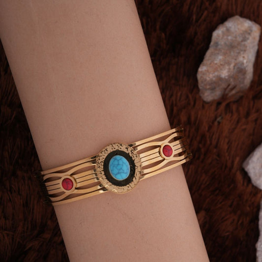 Bohemian Style Gold-Tone Bangle with Turquoise and Coral Stone Accents