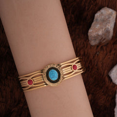 Bohemian Style Gold-Tone Bangle with Turquoise and Coral Stone Accents