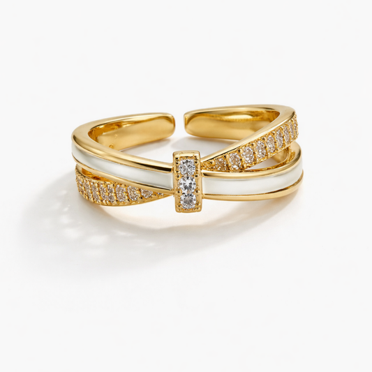 Gold-Tone Bow Ring – White Enamel & Crystal