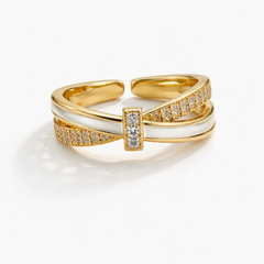 Gold-Tone Bow Ring – White Enamel & Crystal