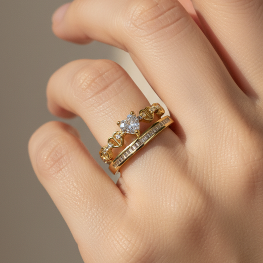 Gold-Tone Heart Crown Diamond Ring Set
