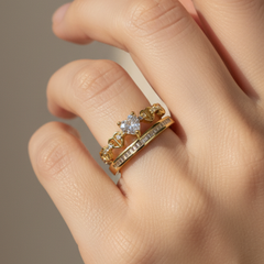 Gold-Tone Heart Crown Diamond Ring Set