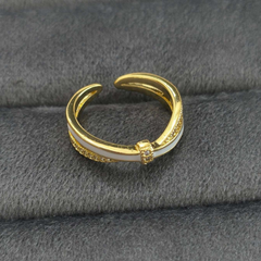 Gold-Tone Bow Ring – White Enamel & Crystal